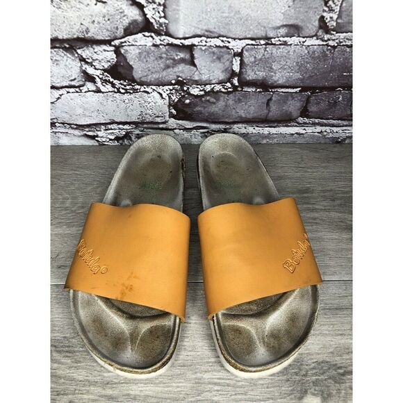 Betula Birkenstock Orange Leather Cork Strap Slide Sandals Women Sz 39EU/8.5M US - Picture 2 of 16